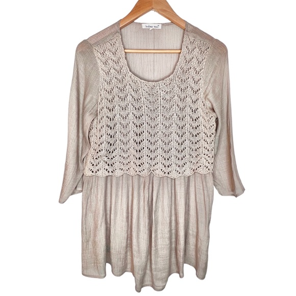 Indigo Soul Open Crochet Babydoll Blouse Size Small Beige Neutral Boho Fisherman - Picture 1 of 14